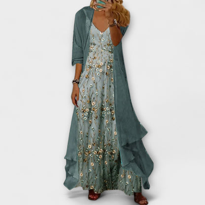 Women's Floral Maxi Dress Longline Cardigan Set