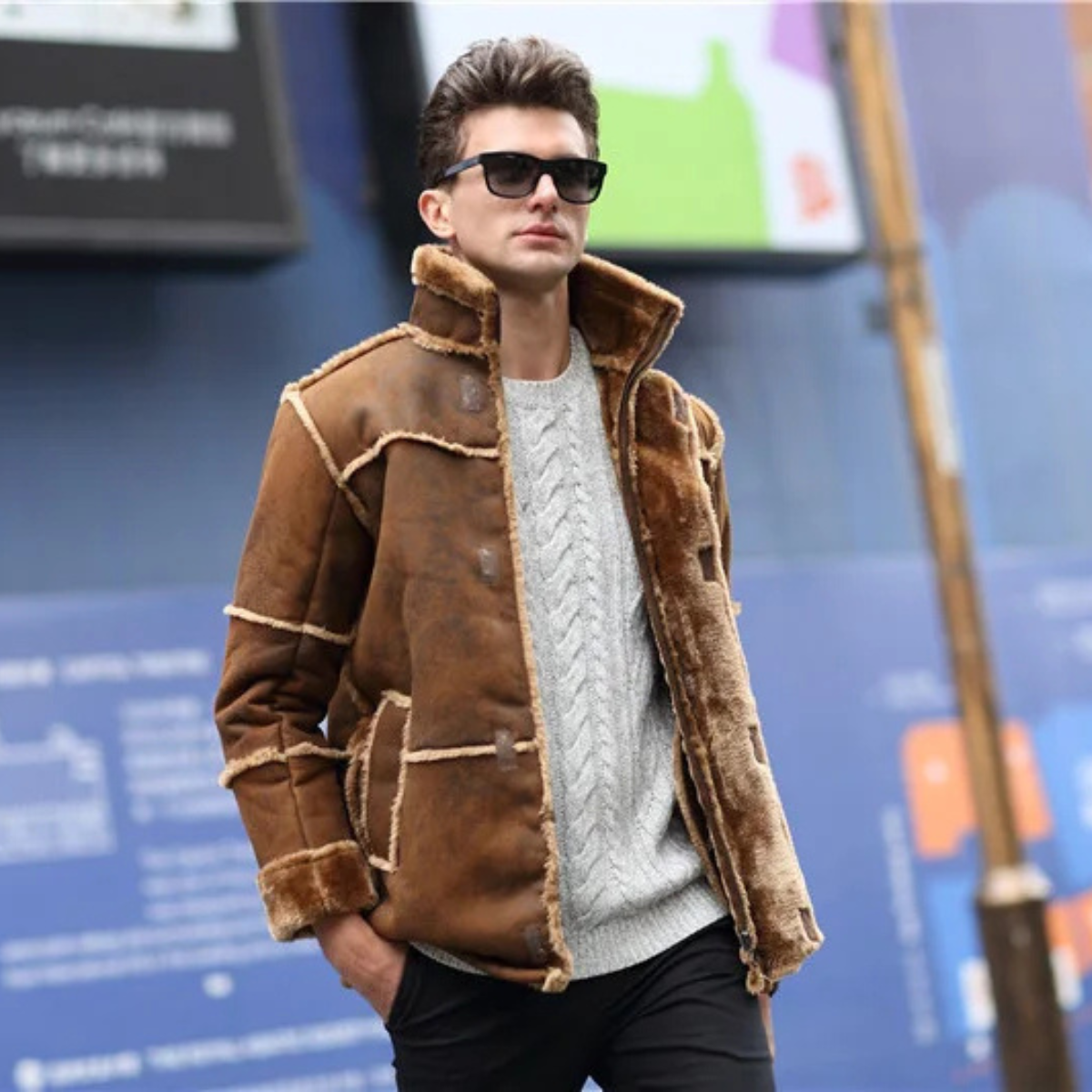 Men's Shearling Suede Leather Coat Winter Warm Jacket