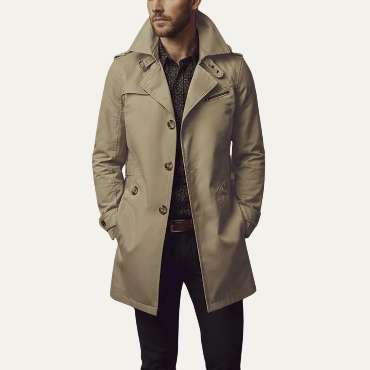 Men's Slim Fit Trench Coat Single Breasted Wool Black