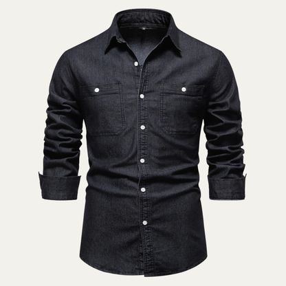 Men's Slim Fit Denim Shirt Double Pockets Blue
