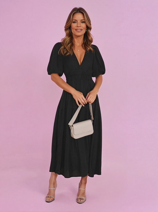 Women's V-Neck Midi Dress Puff Sleeve Smocked Waist - Fashinoza