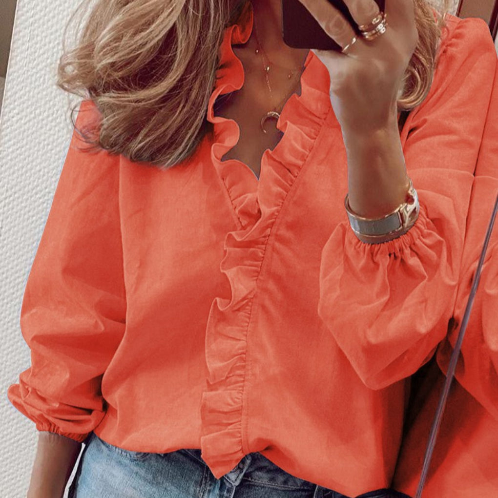 Women's Puff Sleeve Blouse Ruffle Trim Teal