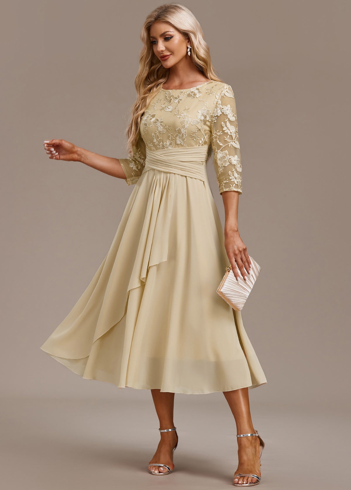 Women's Floral Round Neck Dress Champagne 3/4 Sleeve - Fashinoza