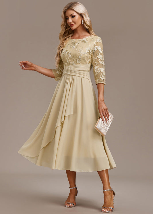 Women's Floral Round Neck Dress Champagne 3/4 Sleeve - Fashinoza