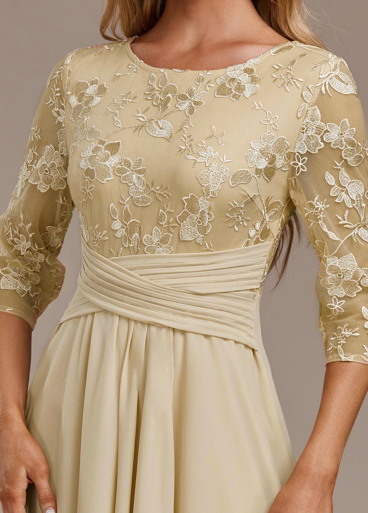 Women's Midi Chiffon Dress With Floral Lace