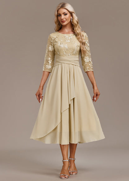 Women's Floral Round Neck Dress Champagne 3/4 Sleeve