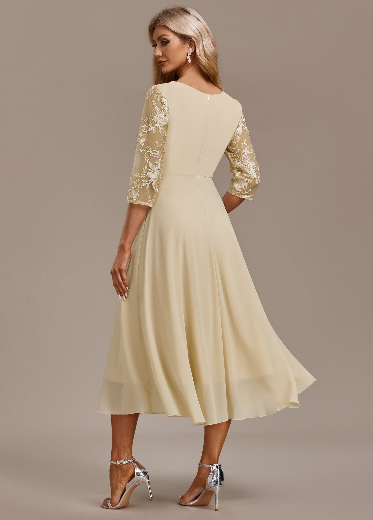 Women's Midi Chiffon Dress With Floral Lace