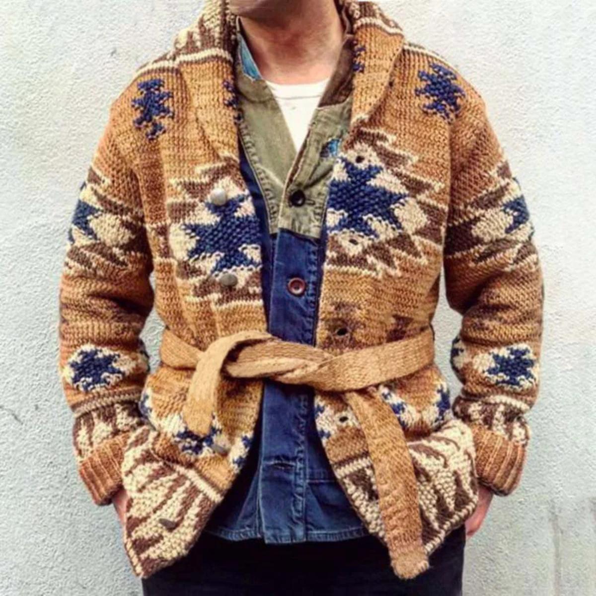 Men's Jacquard Knit Sweater Thick Retro Cardigan
