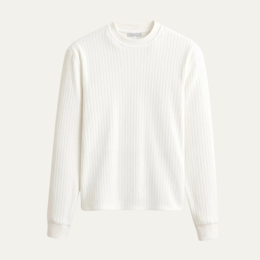 Men's White Ribbed Crew Neck Sweater - Fashinoza