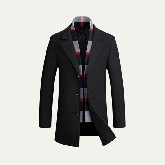 Men's Wool Overcoat Elegant Scarf Detail Charcoal - Fashinoza