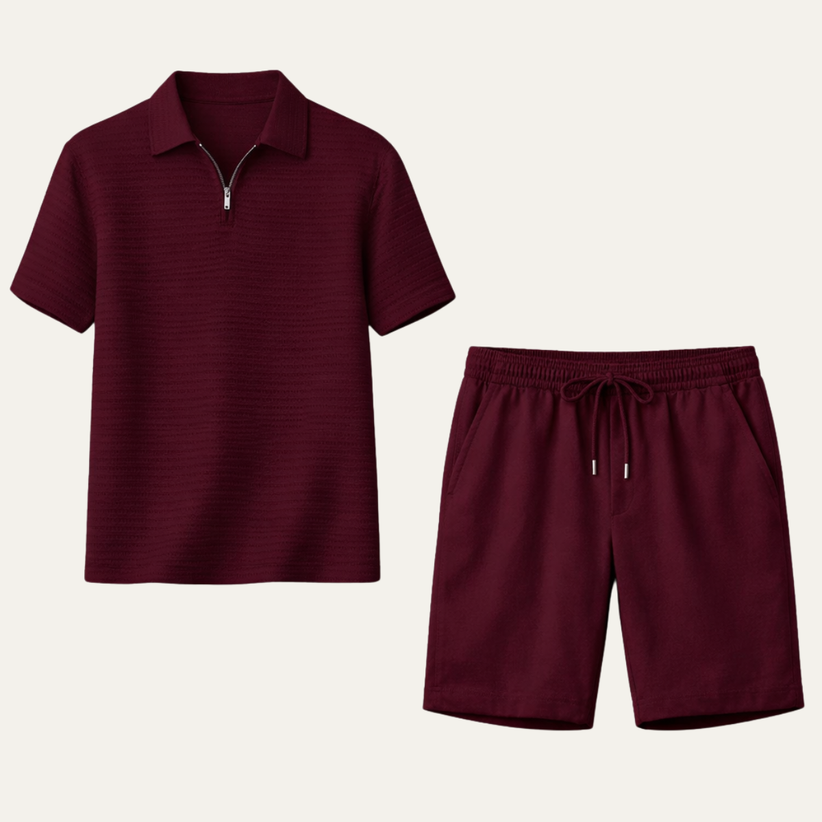 Men's Waffle Knit Polo Shirt And Shorts Set Black - Fashinoza