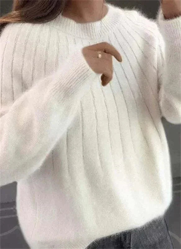 Women's Fluffy Cashmere Knitted Sweater Soft Warm Beige