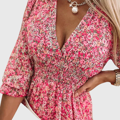 Women's Spring Smocked V-Neck Midi Dress