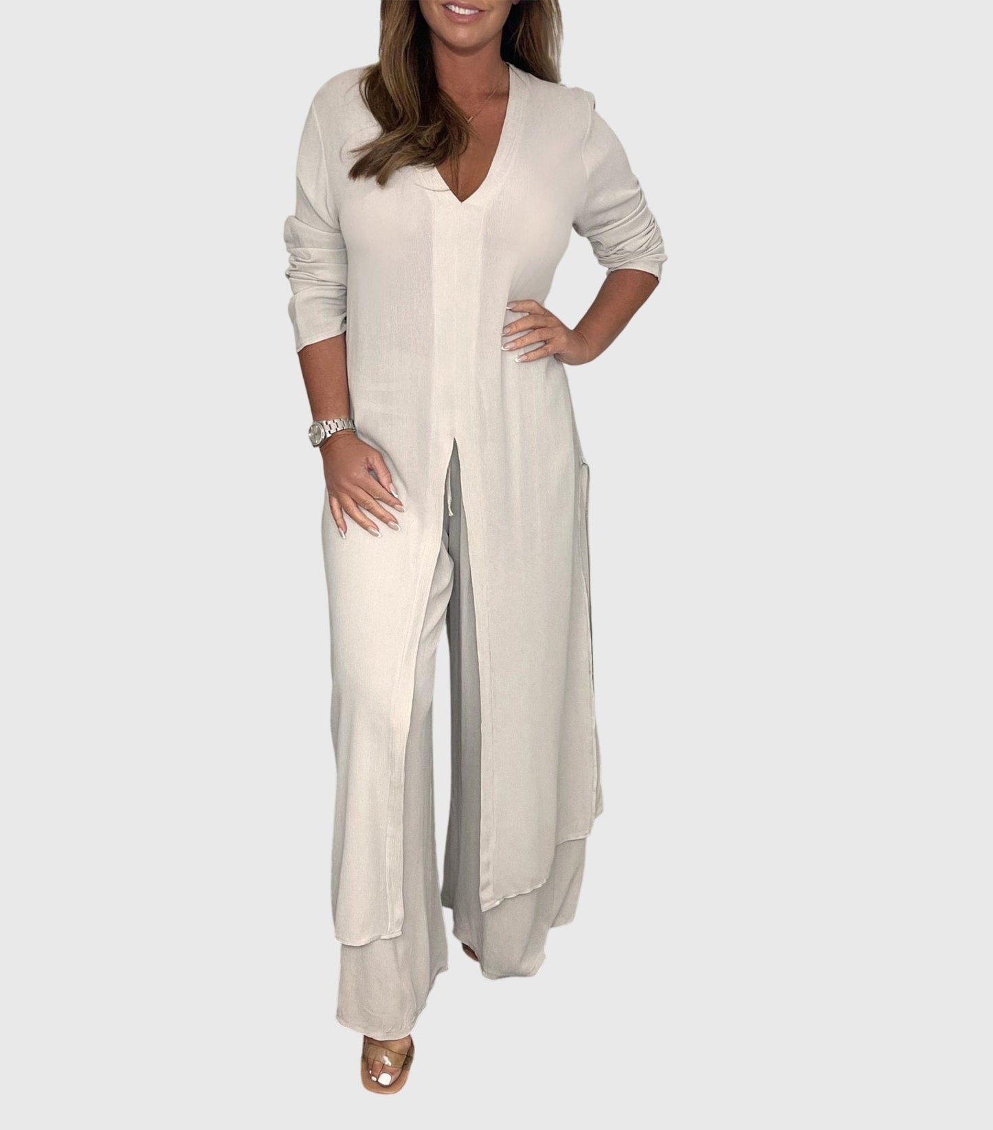 Women's Two-Piece Duster Cardigan Set Wide Leg Pants - Fashinoza