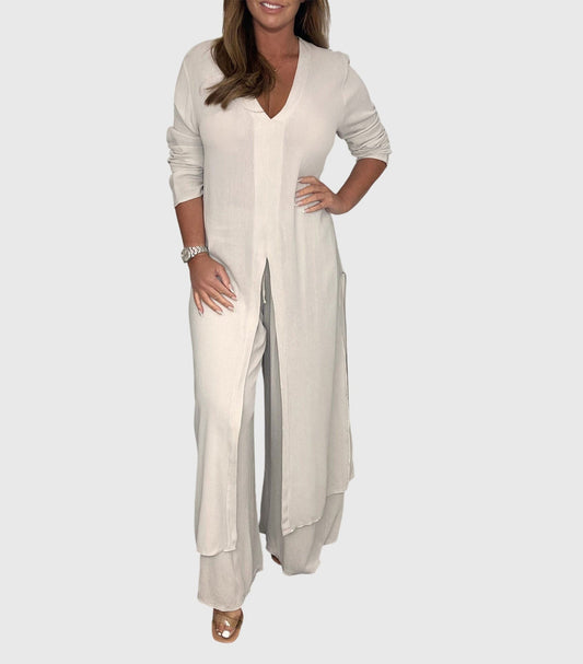 Women's Two-Piece Duster Cardigan Set Wide Leg Pants - Fashinoza