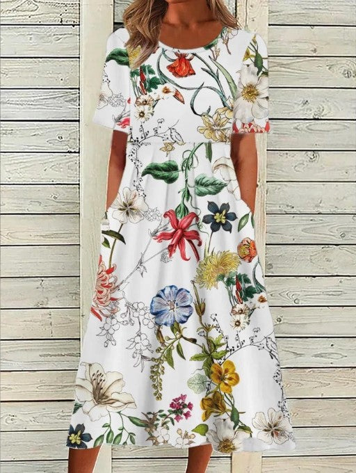 Women's Round Neck Dress Waist Accent