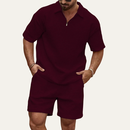 Men's Waffle Knit Polo Shirt And Shorts Set Black