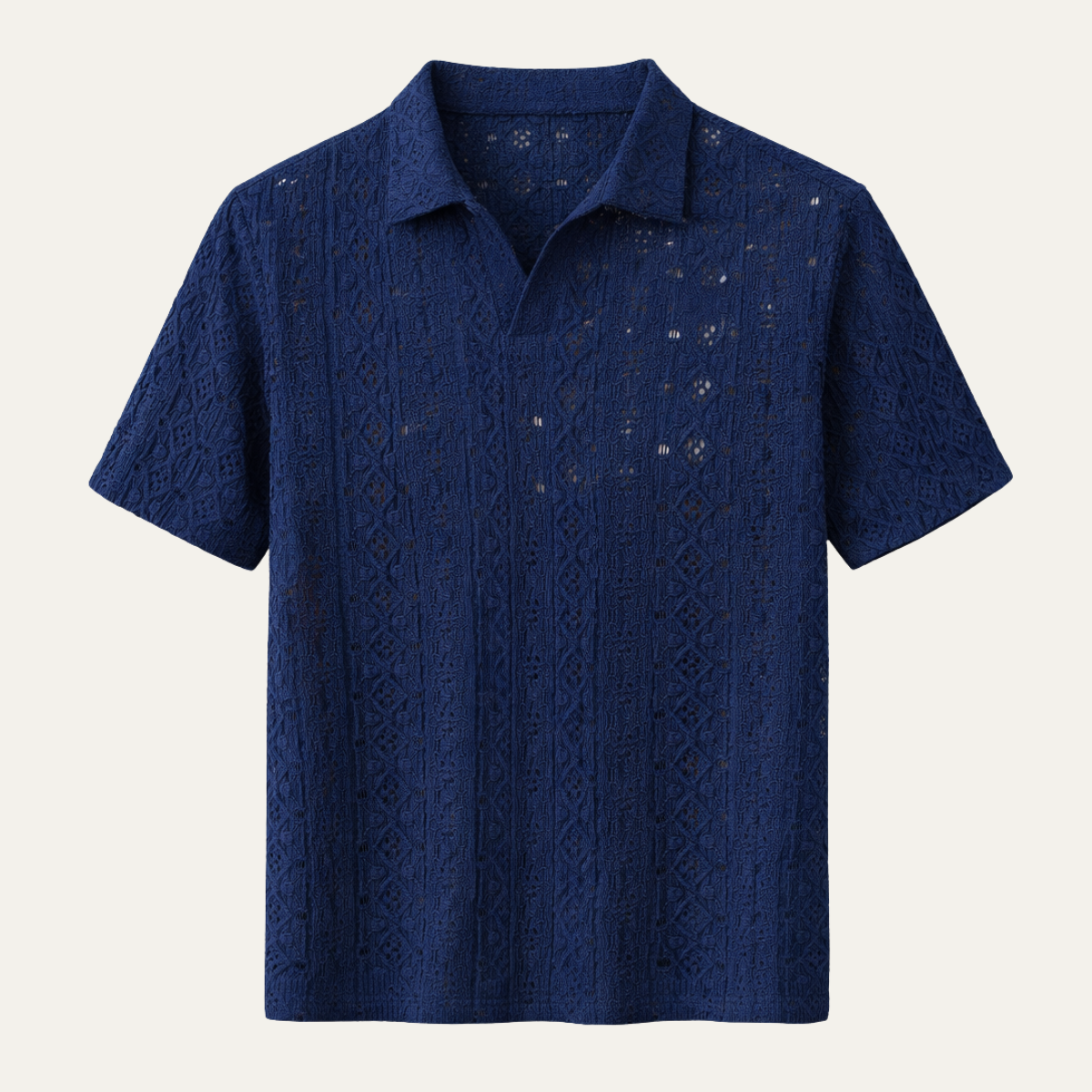 Men's Crochet Knit Polo Shirt Short Sleeve Navy Blue - Fashinoza