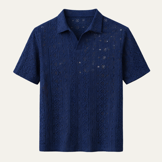 Men's Crochet Knit Polo Shirt Short Sleeve Navy Blue - Fashinoza