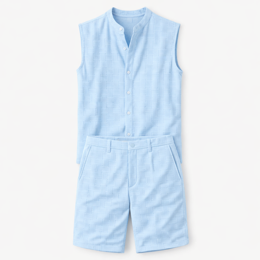 Men's Sleeveless Button Up Shirt And Shorts Set - Fashinoza