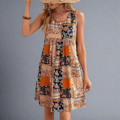 Women's Boho Patchwork Mini Dress Sleeveless