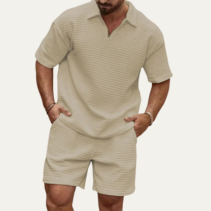 Men's Waffle Knit Polo Shirt And Shorts Set Black