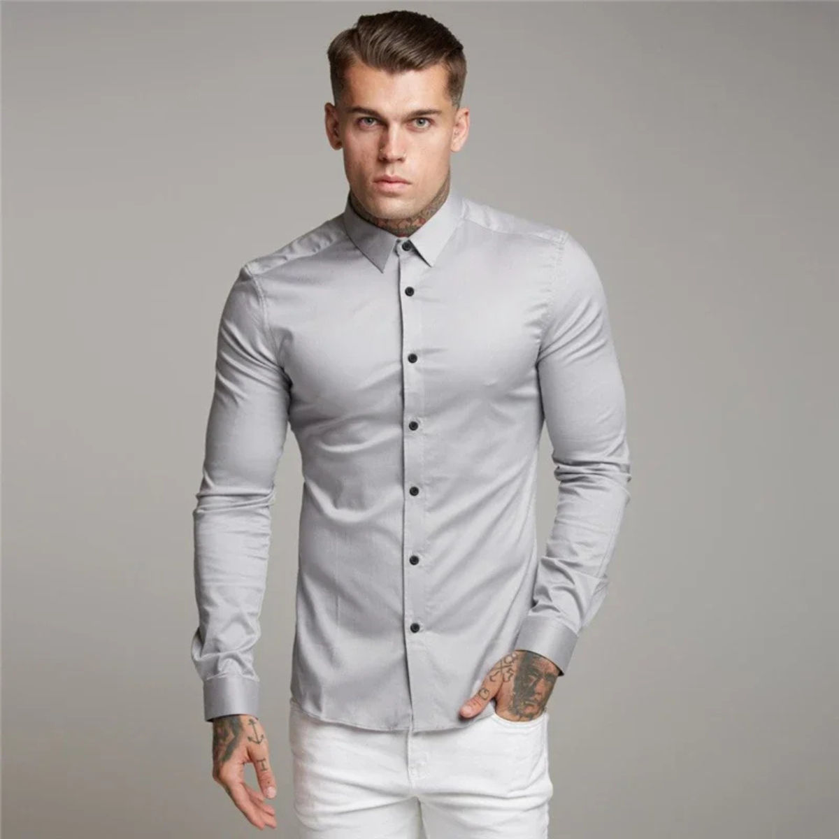 Men's Slim Fit Dress Shirt Cotton Button Up Light Blue