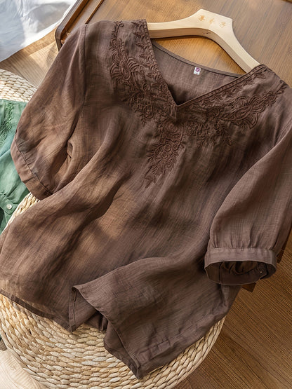 Women's Embroidered V-Neck Tunic Blouse Relaxed Fit