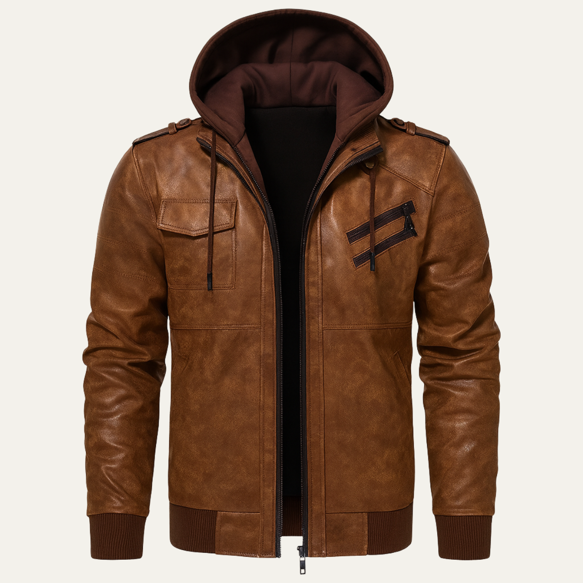 Men's Leather Biker Jacket Hooded Black - Fashinoza