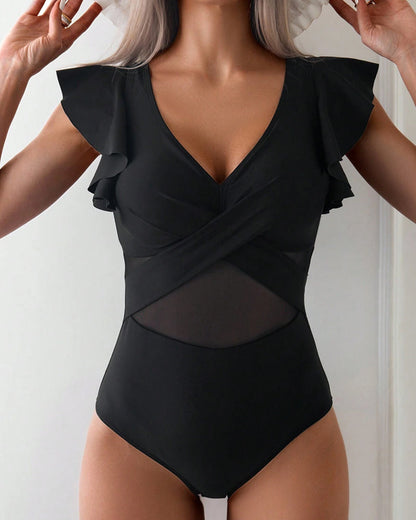 Women's One-Piece Swimsuit V-Neck Mesh Panel Ruffle Sleeves