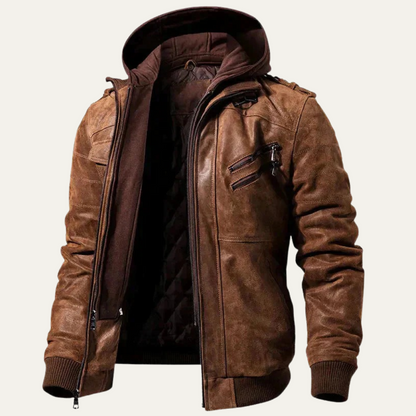Men's Leather Biker Jacket Hooded Black