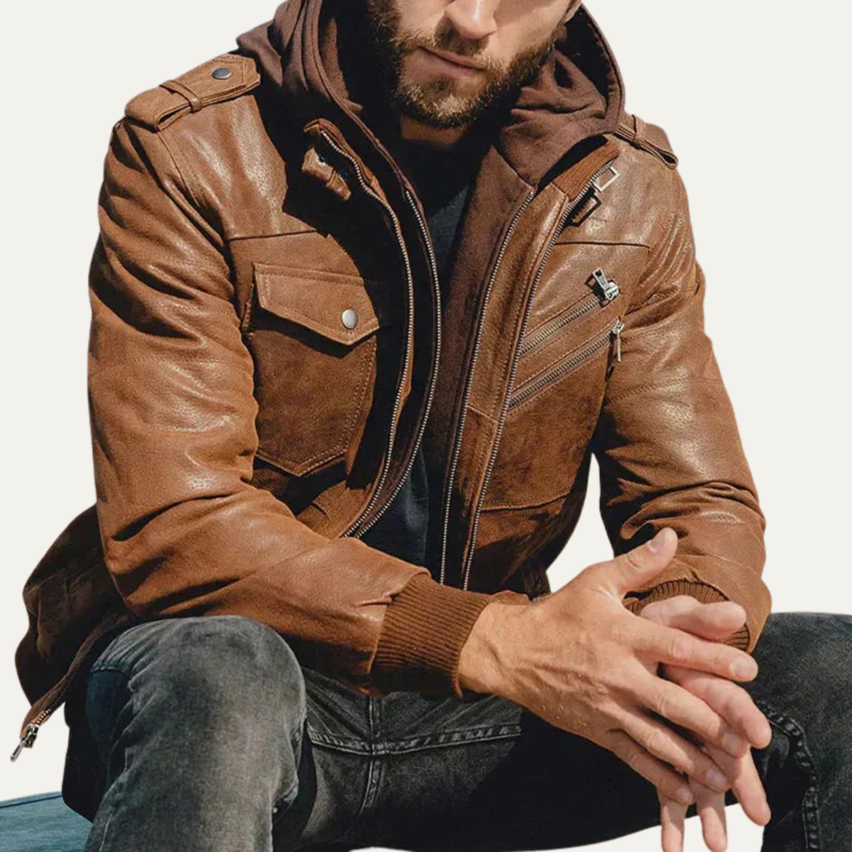 Men's Leather Biker Jacket Hooded Black