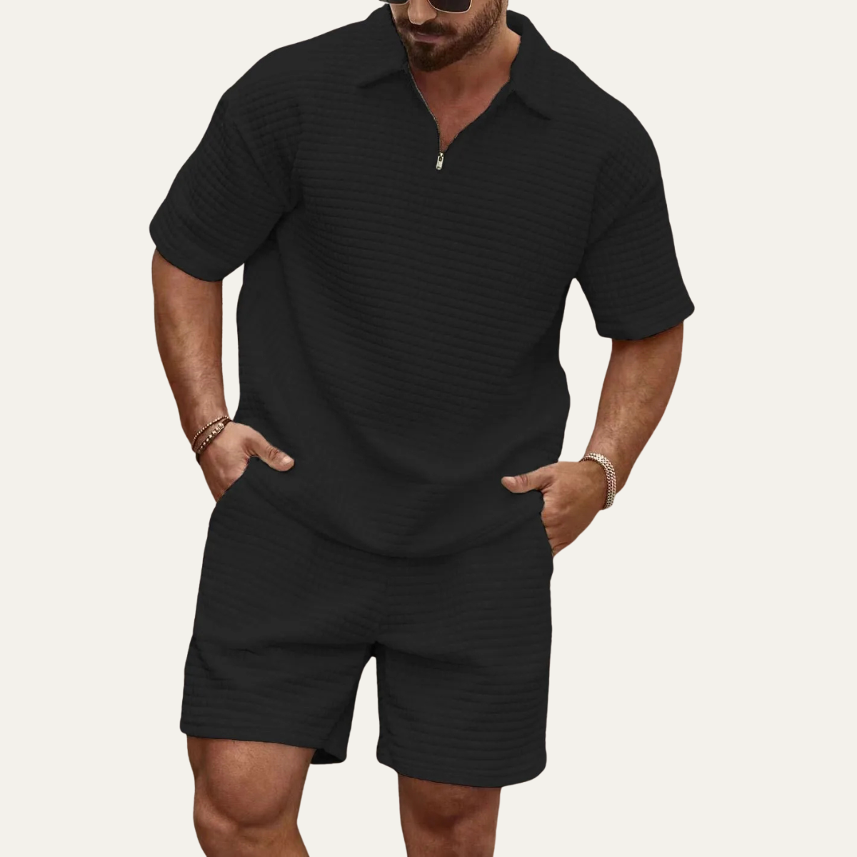 Men's Waffle Knit Polo Shirt And Shorts Set Black