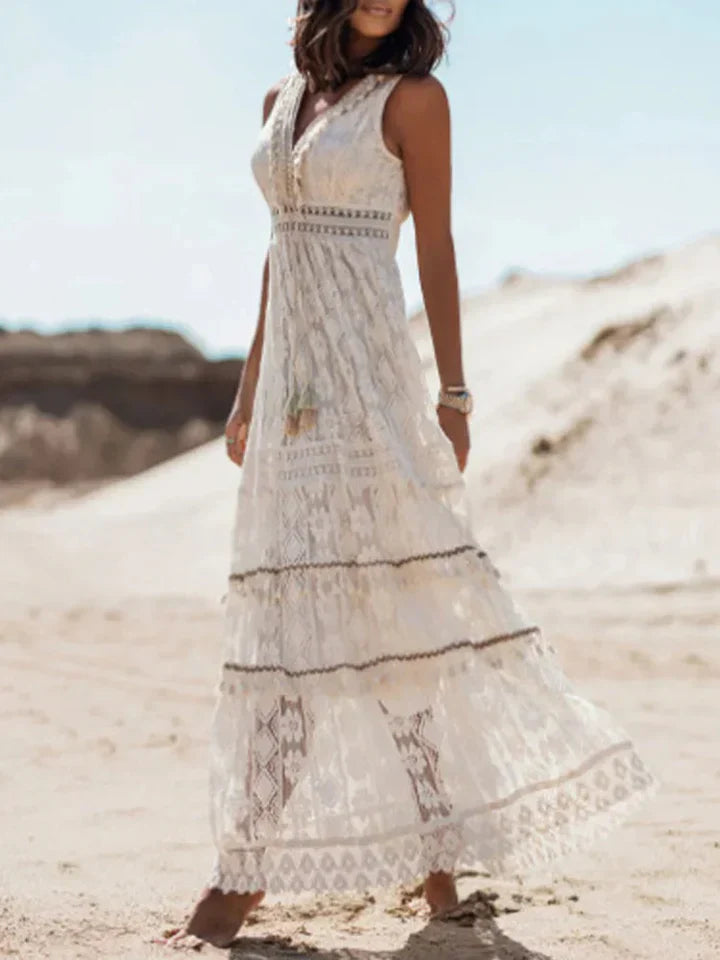 Women's Bohemian Lace Maxi Dress Flared Sleeves