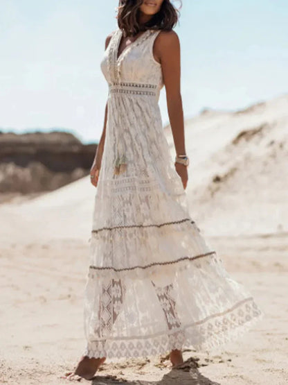 Women's Bohemian Lace Maxi Dress Flared Sleeves