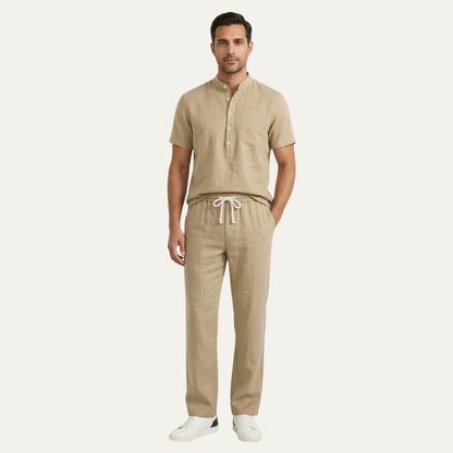 Mens Cotton Linen Polo Shirt And Pants Set Lightweight