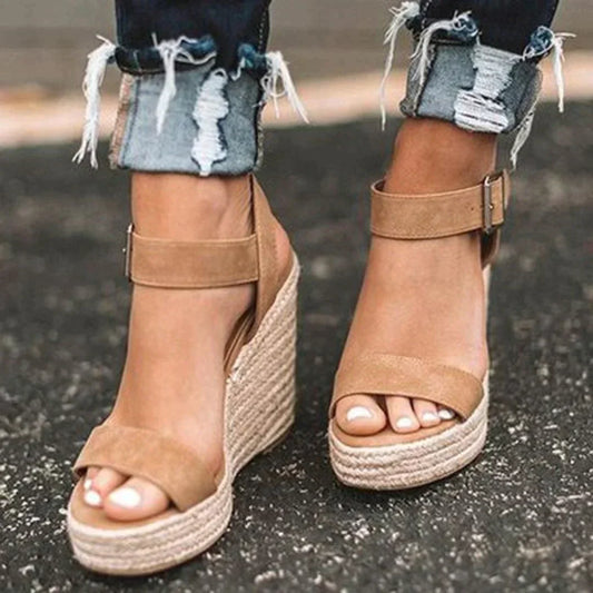 Women's Wedge Sandals Woven Adjustable Buckle Merlot - Fashinoza