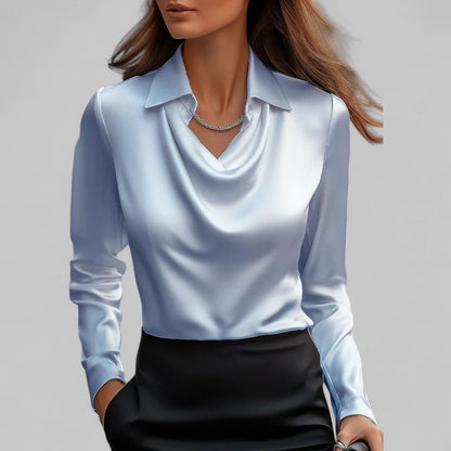 Women's Long Sleeve Blouse Glossy Cowl Neck