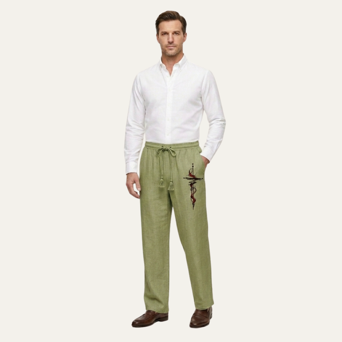 Men's Linen Wide Leg Drawstring Pants Lightweight Beige
