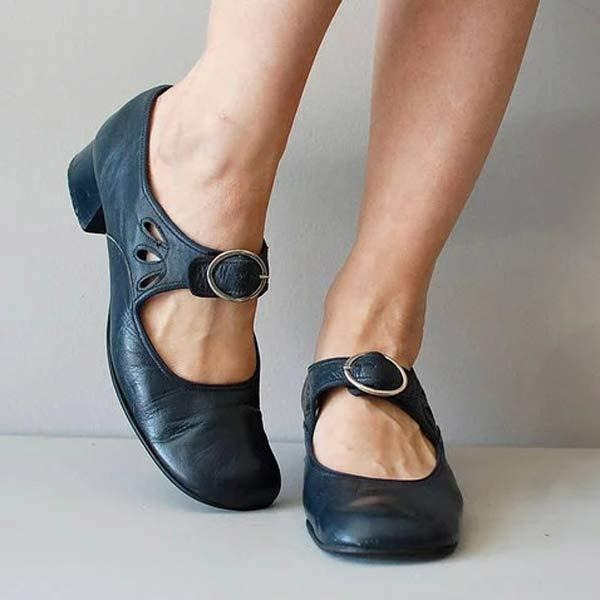 Women's Leather Low Heel Shoes Classic Black - Fashinoza
