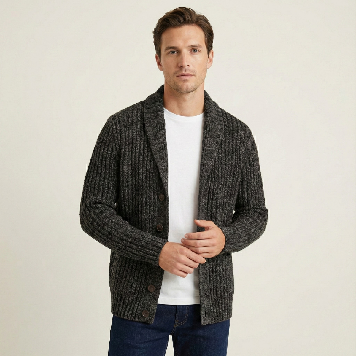 Men's Chunky Knit Cardigan Shawl Collar