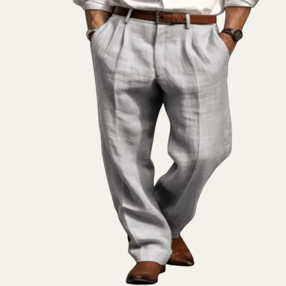 Men's Pleated Straight Pants Casual Cotton Beige
