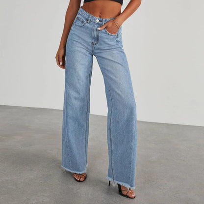 Women's Wide Leg Jeans Frayed Hem Dark Blue