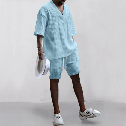 Men's Summer Knit Polo Shirt And Shorts Set Lightweight Red