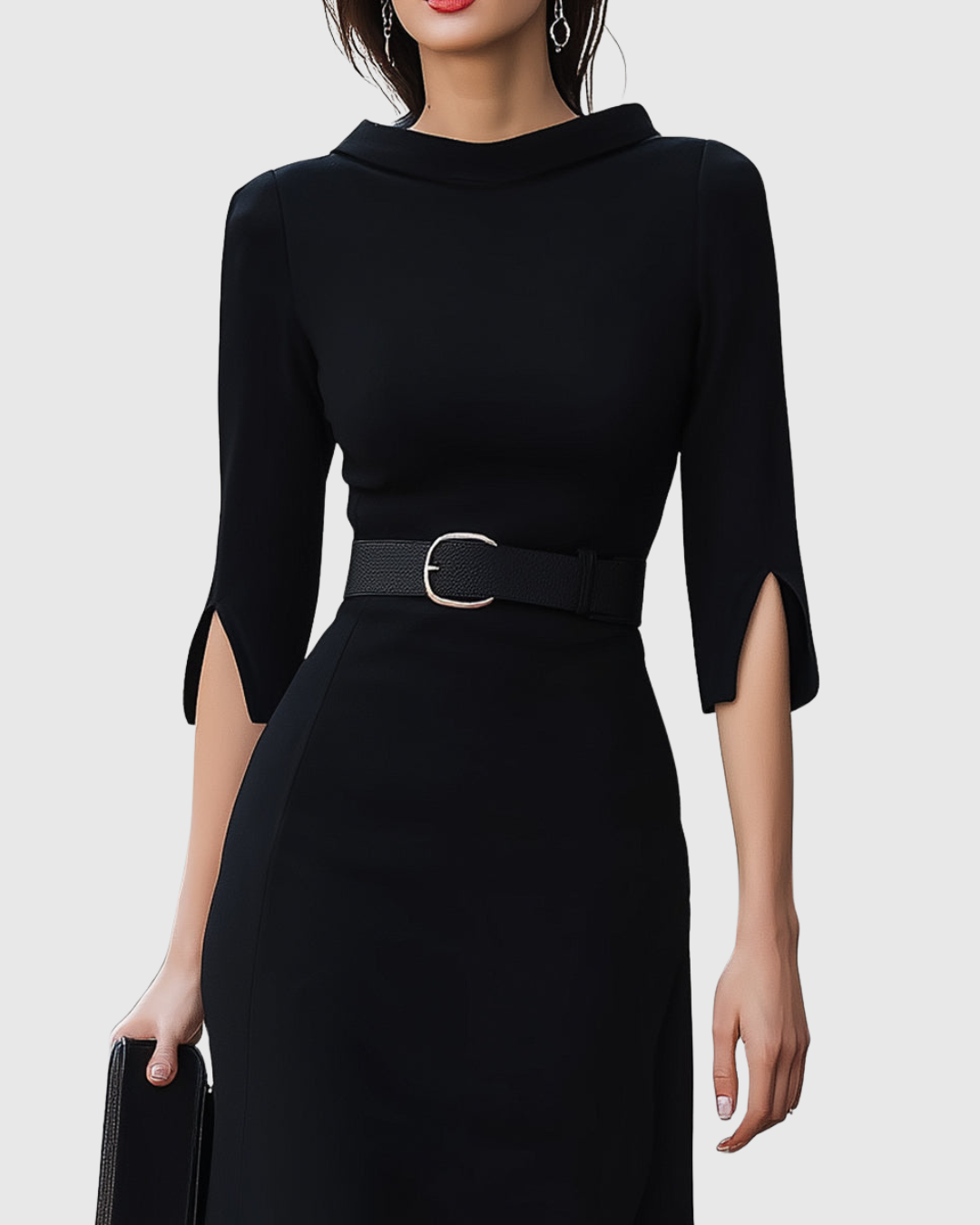 Women's Mock Neck Midi Dress Belted Split Sleeves