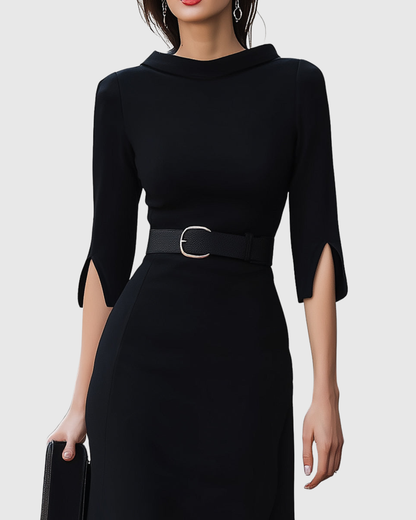 Women's Mock Neck Midi Dress Belted Split Sleeves