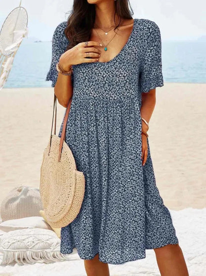 Women's Floral V-Neck Short Sleeve Smock Dress - Fashinoza