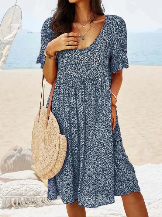 Women's Floral V-Neck Short Sleeve Smock Dress - Fashinoza