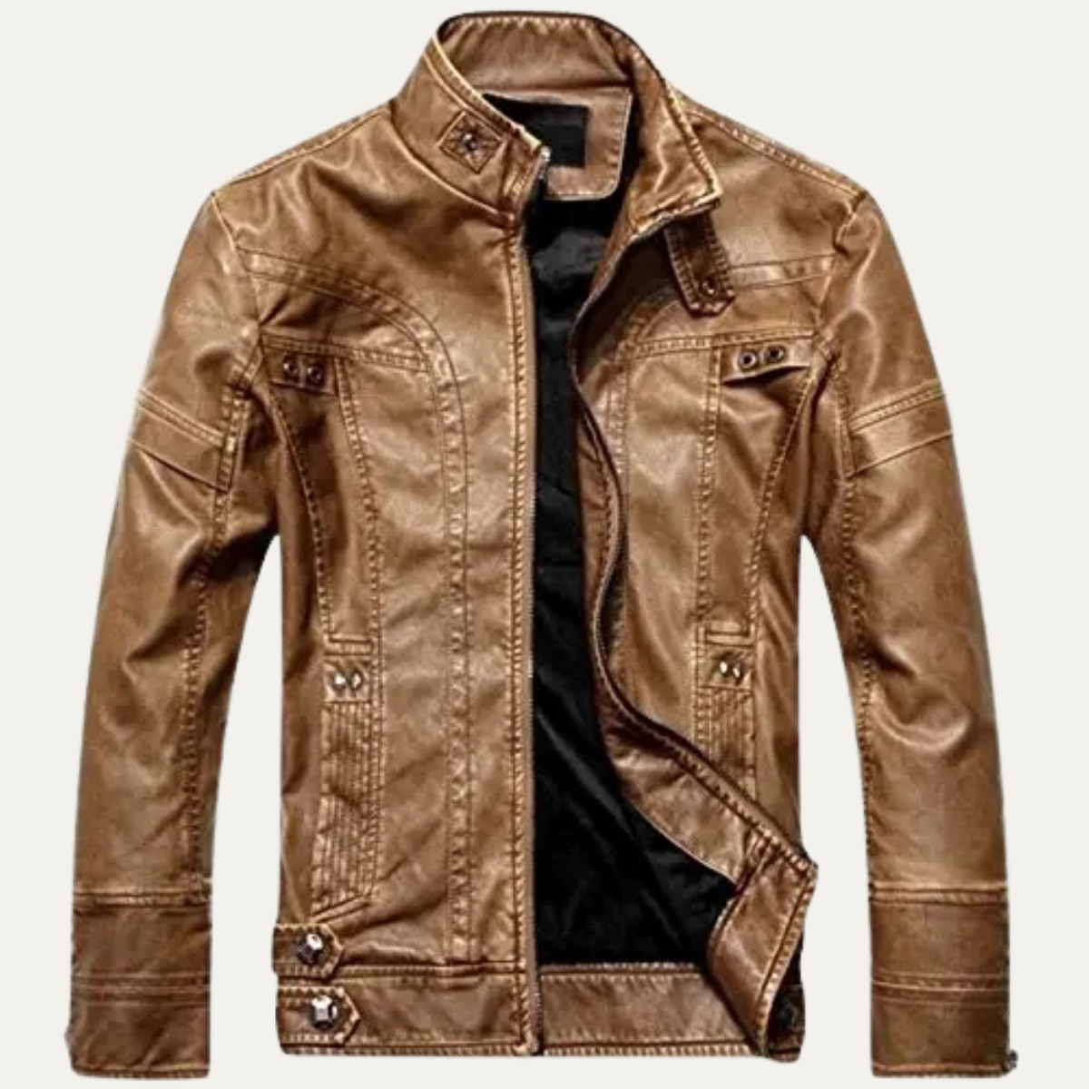 Men's Leather Biker Jacket Zip Up Classic Black - Fashinoza