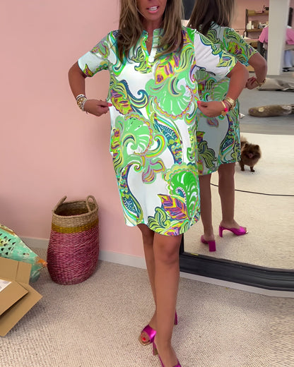 Women's V Neck Printed Dress Tummy Control Casual